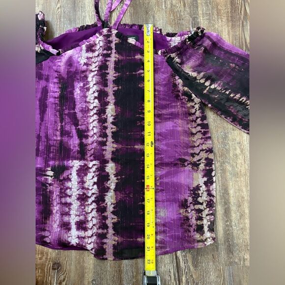 INC International Concepts Cold Shoulder Ruffle Halter Neck Purple Black Shirt - Picture 5 of 10